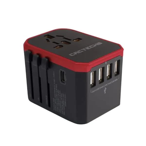 31nwUeIcywL. SS600  - CACTECHS International Universal Travel Adapter Worldwide 4 USB 1 Type C Travel Charger, EU UK European Travel Plug Adapter Europe Power Outlet Converter, Travel Essentials Accessories - Red