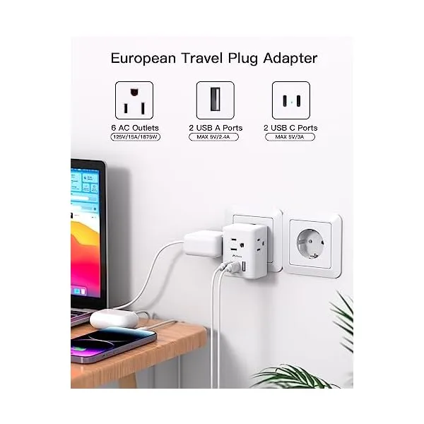 410R+cWbJ3L. SS600  - 2 Pack European Travel Plug Adapter, International Power Plug Adapter with 3 Outlets 3 USB Charging Ports(2 USB C), Type C Plug Adapter Travel Essentials to Most Europe EU Spain Italy France Germany