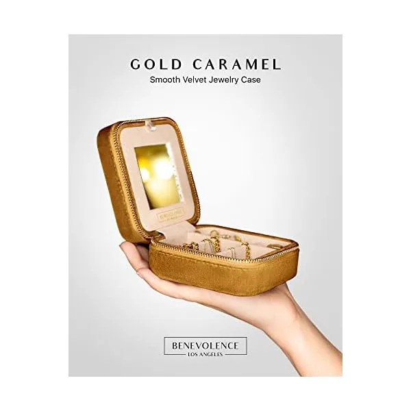 410c1+ItmTL. SS600  - Benevolence LA Plush Travel Storage Box | Jewelry Case Small Jewelry Box for Women | Jewelry Organizer | Earring Organizer with Mirror - Gold Caramel Velvet