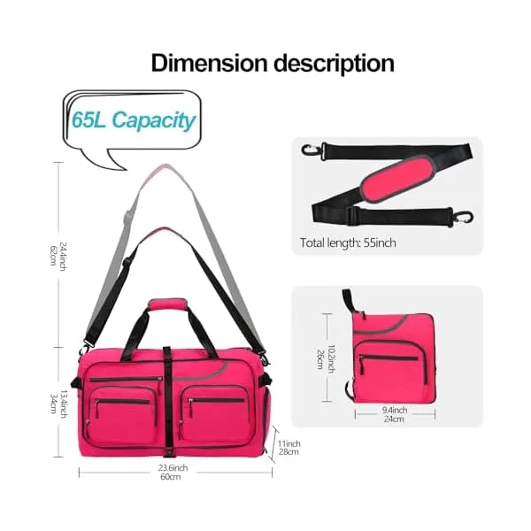 41B2hS1rVwL. SS600  - Travel Duffle Bag, 65L Foldable Travel Duffel Bag with Shoes Compartment and Wet Pocket, Waterproof & Tear Resistant (A7-Rose red, 65L)