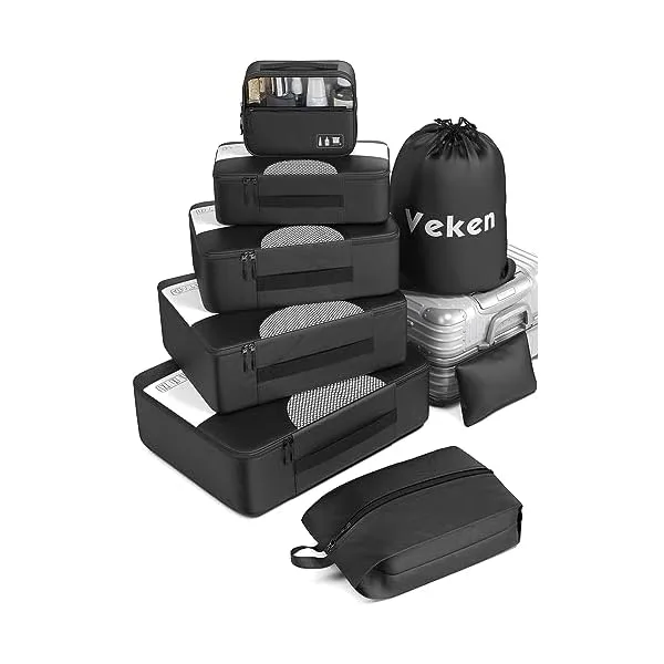 41VKx8y524L. SS600  - Veken 8 Set Packing Cubes for Suitcases, Travel Essentials for Carry on, Luggage Organizer Bags Set for Travel Accessories in 4 Sizes (Extra Large, Large, Medium, Small), Black