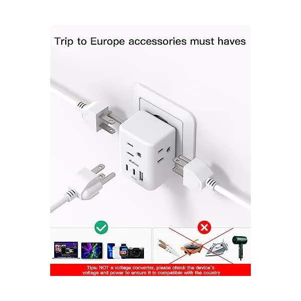 41XHdOJKH0L. SS600  - 2 Pack European Travel Plug Adapter, International Power Plug Adapter with 3 Outlets 3 USB Charging Ports(2 USB C), Type C Plug Adapter Travel Essentials to Most Europe EU Spain Italy France Germany