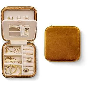 41j9ZsTceUL. SS300  - Benevolence LA Plush Travel Storage Box | Jewelry Case Small Jewelry Box for Women | Jewelry Organizer | Earring Organizer with Mirror - Gold Caramel Velvet