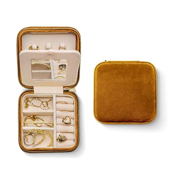 41j9ZsTceUL. SS600  - Benevolence LA Plush Travel Storage Box | Jewelry Case Small Jewelry Box for Women | Jewelry Organizer | Earring Organizer with Mirror - Gold Caramel Velvet