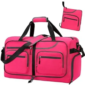 41qcpZsW4KL. SS300  - Travel Duffle Bag, 65L Foldable Travel Duffel Bag with Shoes Compartment and Wet Pocket, Waterproof & Tear Resistant (A7-Rose red, 65L)