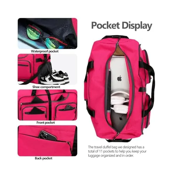 51PxcfuAN5L. SS600  - Travel Duffle Bag, 65L Foldable Travel Duffel Bag with Shoes Compartment and Wet Pocket, Waterproof & Tear Resistant (A7-Rose red, 65L)