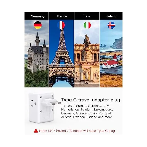 51TvbowxzNL. SS600  - 2 Pack European Travel Plug Adapter, International Power Plug Adapter with 3 Outlets 3 USB Charging Ports(2 USB C), Type C Plug Adapter Travel Essentials to Most Europe EU Spain Italy France Germany