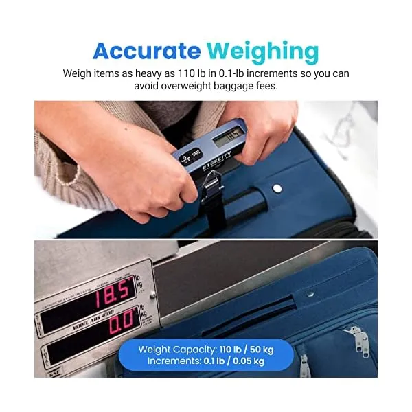 51o0MVyqmNL. SS600  - Etekcity Luggage Scale, Travel Essentials, Digital Weight Scales for Travel Accessories, Portable Handheld Scale with Temperature Sensor, Rubber Paint, 110 Pounds, Battery Included, Blue